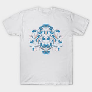 European Chinoiserie style tulips in line art. Blue and beige T-Shirt
